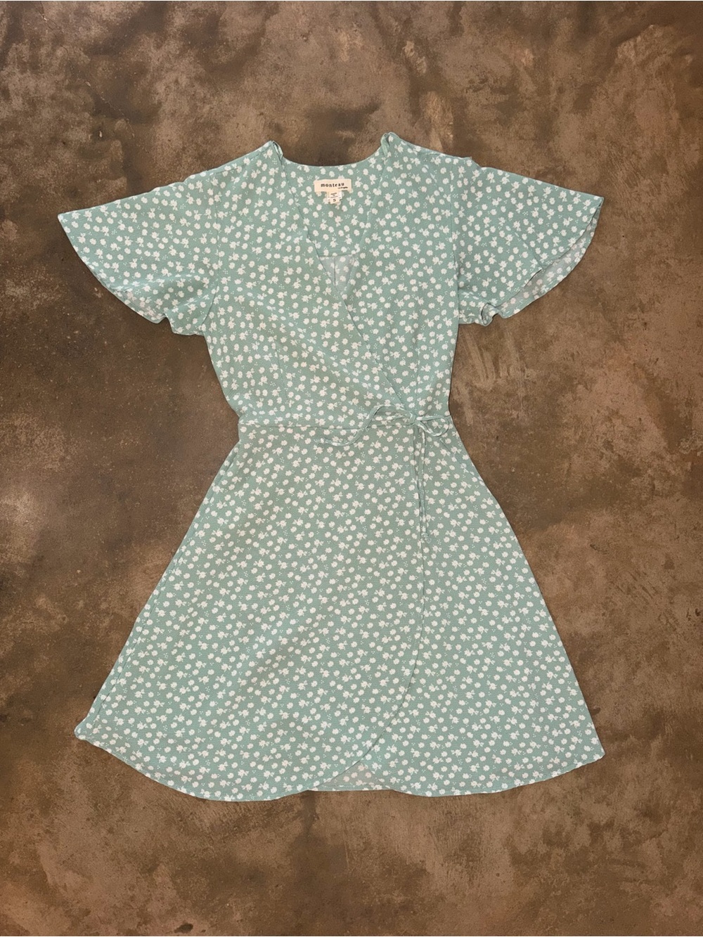 Monteau Sage Green Floral Faux Wrap Mini Dress Flutter Sleeve Small